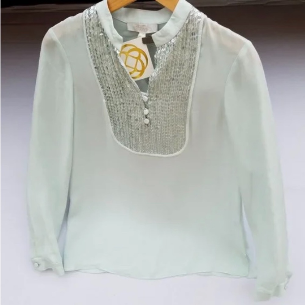 Etcetera Mint Sequin Yoke Long sleeve Top. NWT  Size 2